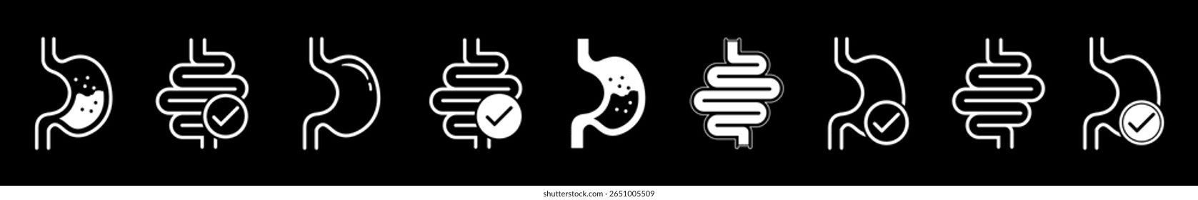 Ícone estomacal define vetor. Digestão, ícones de dieta, cicatrização estomacal, úlceras, gastrite, dor e dor, desconforto estomacal e problemas digestivos, ícone estomacal humano, digestão simples símbolo isolado.