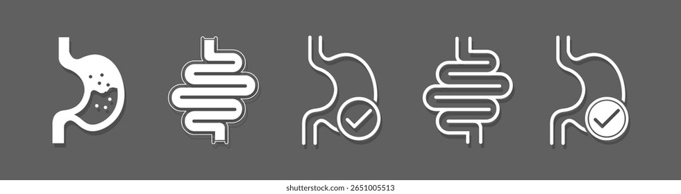 Ícone estomacal define vetor. Digestão, ícones de dieta, cicatrização estomacal, úlceras, gastrite, dor e dor, desconforto estomacal e problemas digestivos, ícone estomacal humano, digestão simples símbolo isolado.