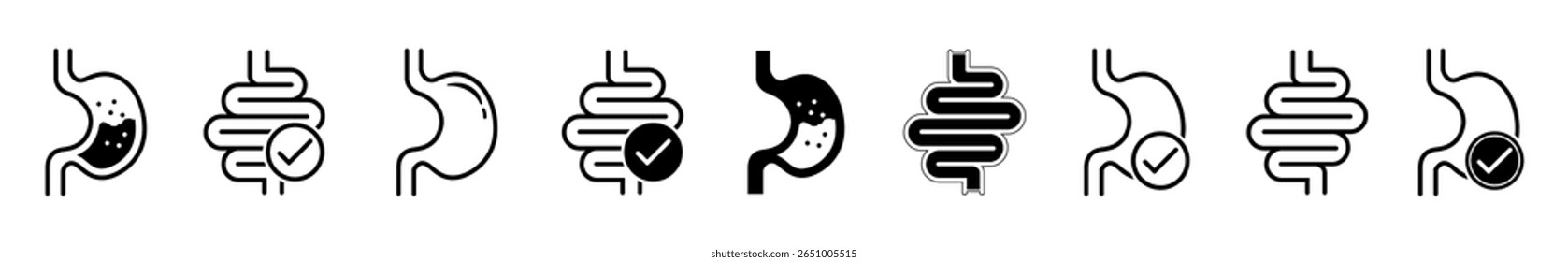 Ícone estomacal define vetor. Digestão, ícones de dieta, cicatrização estomacal, úlceras, gastrite, dor e dor, desconforto estomacal e problemas digestivos, ícone estomacal humano, digestão simples símbolo isolado.