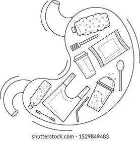 Stomach Icon. Stomach Symbol Vector With Plastic And Microplastic. Bad Ecology For The Human Body. Plastic Bottle, Spoon, Fork, Coffee, Plastic Bag.