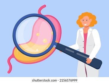 Stomach icon vector. Doctor takes magnifier glass. Symbol of gut flora in healthy stomach with 
gastric juice, digestive system. Lactobacillus logo, icon for poster, flyer, web. 