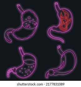 Iconos de Stomach. Conjunto isométrico de iconos vectoriales estomacales neón en negro