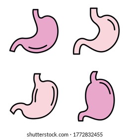 Iconos de Stomach. Conjunto de esquemas de iconos vectoriales estomacales color de línea delgada plano sobre blanco