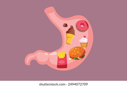 
Stomach Illustration Full of Unhealthy Fast-Food Items. Person eating too much junk food having gastrointestinal problems 
