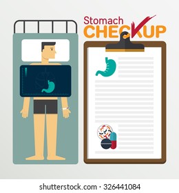 Stomach infographic in flat design. Medical checkup clipboard.  Vector Illustration.