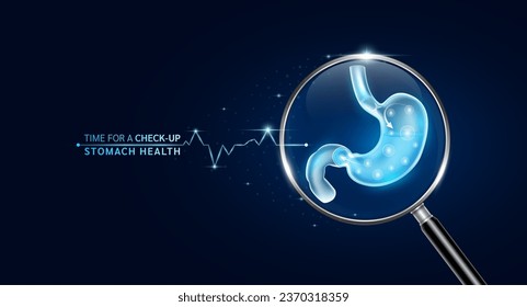 Stomach inside magnifying glass with scan search and blue glowing neon heart pulse. Health care and medical check up too innovative digital technology. Body health checkup examining organ. Vector.