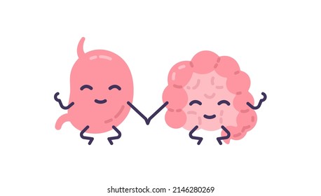 stomach and intestine characters are meditating and hand in hand. digestive system health. expression. flat cartoon illustrations. vector design