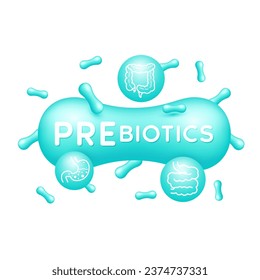 Stomach intestine and prebiotics green. Good bacterial flora. Biology lactobacillus. Healthcare immunity support. Healthy nutrition. Icon 3D isolated on white background. Vector.