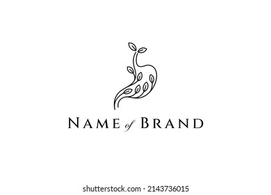 Logo de Stomach con variación de hojas en estilo de diseño de línea simple. Salud digestiva, medicina de la úlcera, clínica de salud e icono vectorial de la medicina de plantas