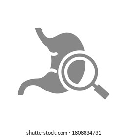 Stomach with magnifying glass grey icon. Disease prevention symbol