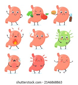 Stomach Mascot. Stomaches Medical Character Cute Face Healthy Abdomen, Crying Gastric Pain Ulcera Gut Happy Strong Belly Unhealthy Food Nutrition, Medicine Vector Illustration. Stomach Organ Human