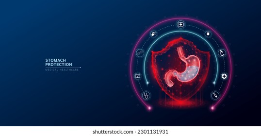 Stomach medical healthcare. Human stomach anatomy organ translucent low poly triangle inside shield futuristic red on dark blue background. Immunity protection medical innovation concept. Vector.
