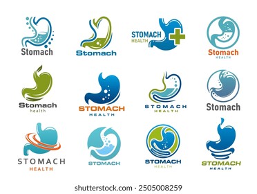 Stomach medical icons. Digestion health care, digestive tract or gastrointestinal system organ vector symbols of gastroenterology medicine. Stomach and gut silhouettes with intestinal gas bubbles