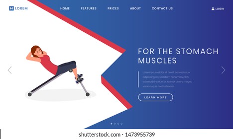 Stomach muscle exercises landing page template. Fitness club, bodybuilding website homepage interface idea with flat vector illustrations. Abdominal press training web banner, webpage cartoon concept