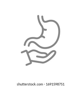 Stomach on hand line icon. Human organ treatment, disease prevention symbol