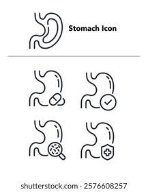 Stomach Organ Collection Elements Icons Set Vector Thin Line. Stomach Healthy And Disease, With Drugs And Flame, Stomachache And Acid Concept Linear Pictograms. Monochrome Contour Illustrations