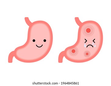 Stomach organ happy healthy and sad suffering sick characters. Check health of stomach. Unhealthy gastric, gastritis, indigestion and ulcer problems, pain, disease concept. Vector flat illustration