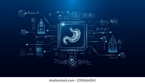 Stomach organ human in microchip processor circuit board. HUD interface and a hologram. Modern treatment future medicine. Innovative health care analysis of AI technology digital hi tech. Vector.