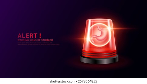 Stomach organ human in red siren light. Danger signs of stomach disease. Warning flasher alert emergency. Medical distress signal. Vector EPS10.