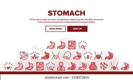 Stomach Organ Landing Web Page Header Banner Template Vector. Stomach Healthy And Disease, With Drugs And Flame, Stomachache And Acid Illustration