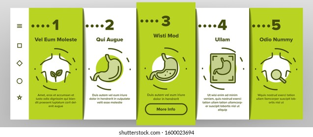 Stomach Organ Onboarding Mobile App Page Screen Vector. Stomach Healthy And Disease, With Drugs And Flame, Stomachache And Acid Illustrations
