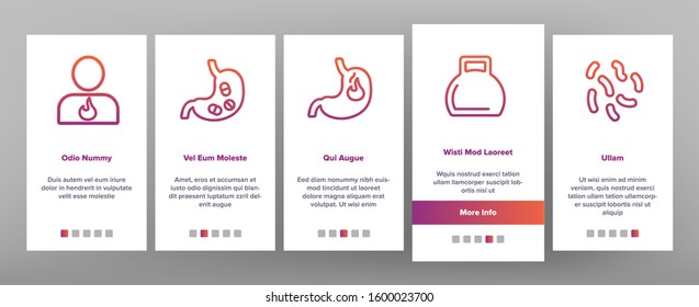 Stomach Organ Onboarding Mobile App Page Screen Vector. Stomach Healthy And Disease, With Drugs And Flame, Stomachache And Acid Illustrations