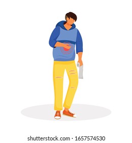 Estómago dolor de color plano vectorial caracter sin rostro. Hombre con dolor de estómago. Estreñimiento y diarrea. Dolor abdominal. Problemas del sistema de digestión. Síntomas de enfermedades ilustraciones aisladas de dibujos animados