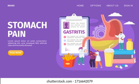 Stomach Pain, Gastrtis Landing Vector Illustration. Organ Disease Treatment, Doctor Examining Acid Refulx, Bad Digestion. Man Bent Over In Pain, Medical Worker Help, Medicine And Unhealthy Fast Food.