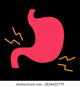 Ícone de dor de estômago. A imagem mostra desconforto abdominal com linhas de dor aguda, representando gastrite, indigestão ou doença ou cólicas relacionadas ao estômago.