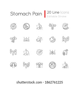 Stomach pain linear icons set. Digestive disorders. Indigestion. Chronic abdominal pain. Pancreatitis. Customizable thin line contour symbols. Isolated vector outline illustrations. Editable stroke