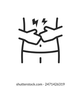 Stomach pain, linear style icon. Person holding stomach, sharp pain. Symptoms include cramps and nausea. Editable stroke width