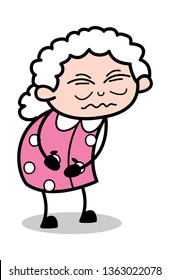 Stomach Pain - Old Cartoon Granny Vector Illustration
