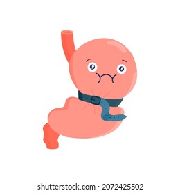 Dolor de estómago y espasmo. Órganos internos de dibujos animados. Tracto gastrointestinal. Estomago sano y atónico. Ilustración vectorial de material aislada en fondo blanco.