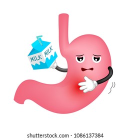 Stomach painful expression after drinking milk. Cartoon character, Health care concept. Illustration isolated on white background.