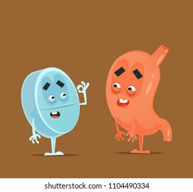 Stomach and pill characters best friend. Gastroenterology health treatment flat cartoon illustration graphic design concept element