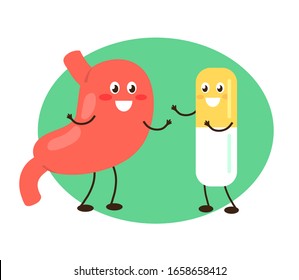 Estómago y píldora sobre fondo blanco. Ilustración vectorial.