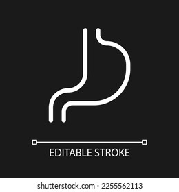 Stomach pixel perfect white linear ui icon for dark theme. Digestion. Gastrointestinal tract. Vector line pictogram. Isolated user interface symbol for night mode. Editable stroke. Arial font used