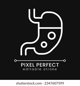Stomach pixel perfect white linear icon for dark theme. Digestive system. Inner human organ. Medical checkup. Thin line illustration. Isolated symbol for night mode. Editable stroke. Poppins font used