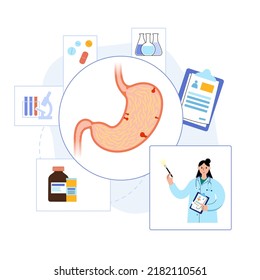 Stomach polyps diagnostic and removal. Consultation with doctor in clinic. Cancer awareness. Growth of cells in human internal organs. Gastric problems, digestive tract isolated vector illustration.