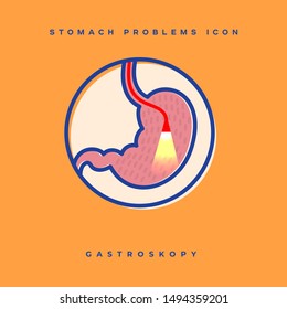 Stomach problem icon. Stomach gastroscopy study. Linear icons in a circle. Medicine pictures.