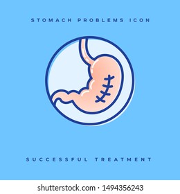 Stomach Problem Icon. Successful Treatment After Surgery. Linear Icons In A Circle. Medicine Pictures.