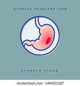 Stomach problem icon. Stomach ulcer. Linear icons in a circle. Medicine pictures.