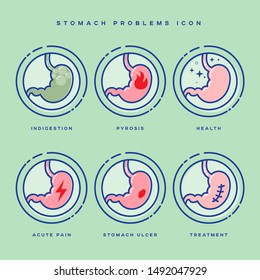 Stomach problem icons set. Linear icons in a circle. Medicine pictures.