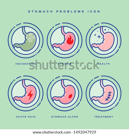 Stomach problem icons set. Linear icons in a circle. Medicine pictures.