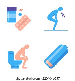 Stomach Problems Icon Set In Flat Style. Diarrhoeal Diseases Symptoms - Diarrhea, Vomiting And Fatigue. Vector Illustration.