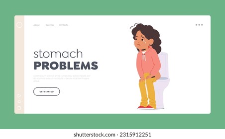 Stomach Problems Landing Page Template. Child Girl Character with Diarrhea Is Common Condition Characterized By Frequent Loose Or Watery Stools In Young Children. Cartoon People Vector Illustration