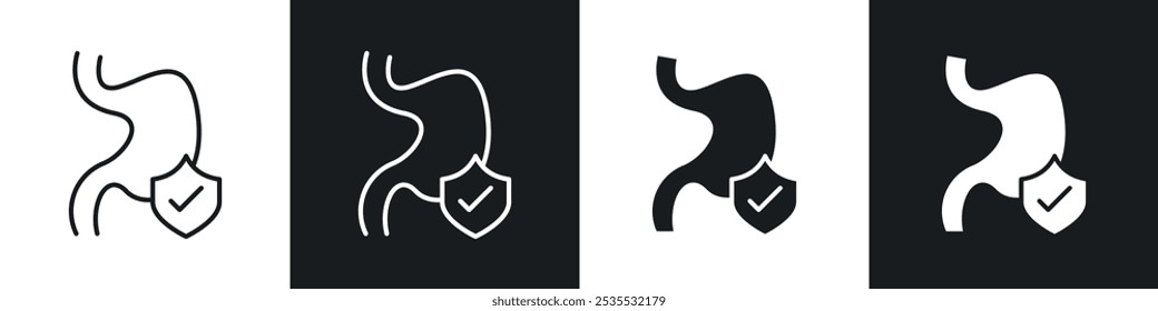 Stomach protection icon set. Digestive intestine and gut health vector symbol in a black filled and outlined style. Protected gastric care sign.