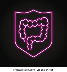 Stomach protection neon line icon. Intestine in shield symbol. Vector illustration.
