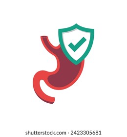 Stomach protection. Safety human. Shield symbol of protection of the human stomach. Healthcare concept. Safety of the digestive system. Vector illustration flat design. Isolated on white background.