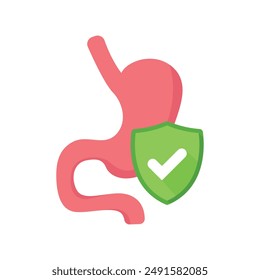 Ilustración vectorial de protección estomacal, estómago humano con símbolo de protección. Concepto de asistencia sanitaria
